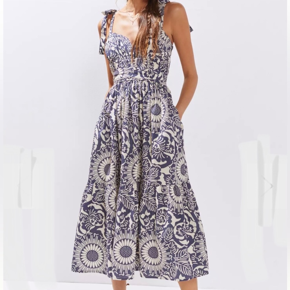 Anthropologie Blue and White Floral Midi Dress